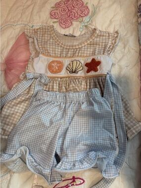 Girls Blue Gingham Matching Set with Seashell Embroidery